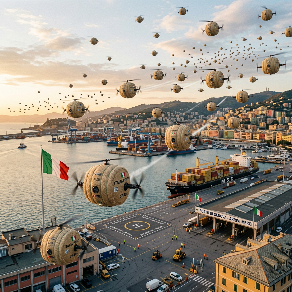 Flying Italia Post cargo vessels over Genoa harbor and container terminal