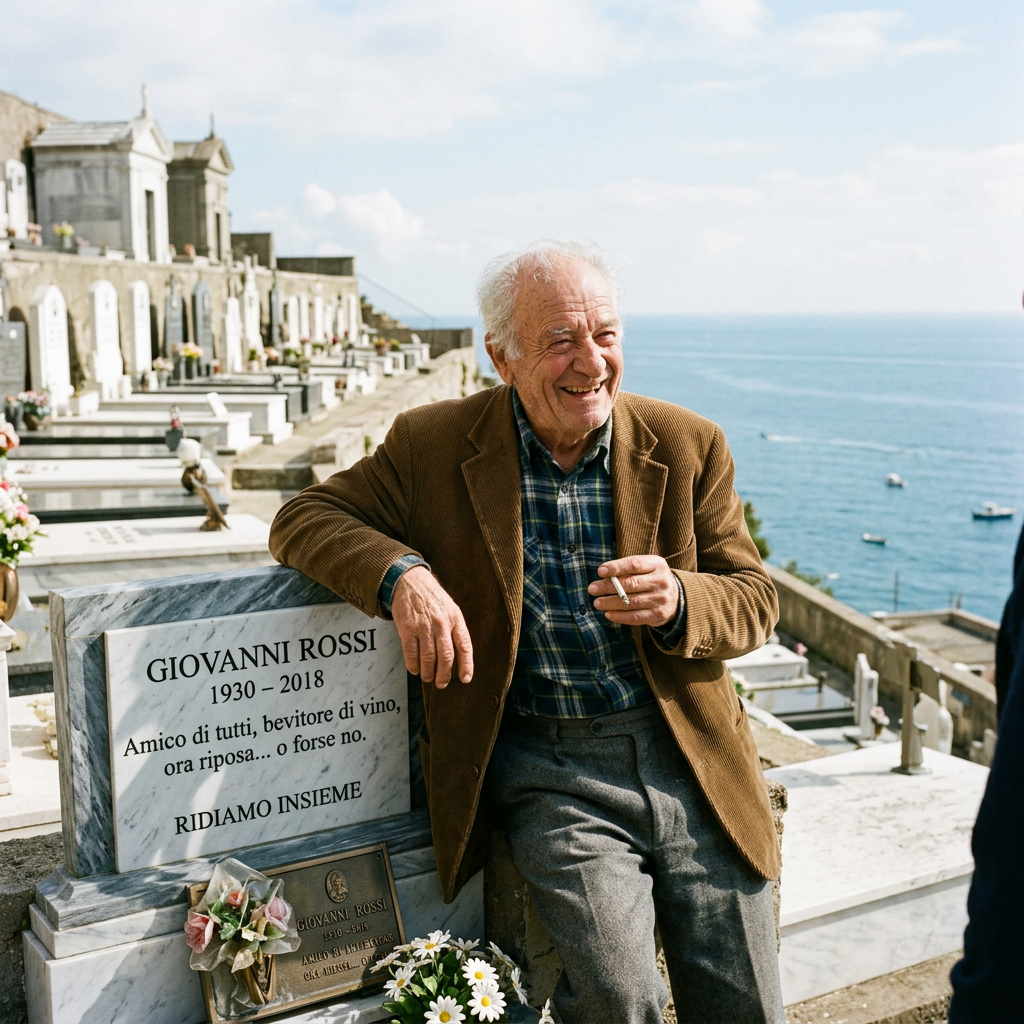 Smiling elderly man beside tombstone reading GIOVANNI ROSSI, 1930–2018, Amico di tutti, bevitore di vino, ora riposa... o forse no, RIDIAMO INSIEME.
