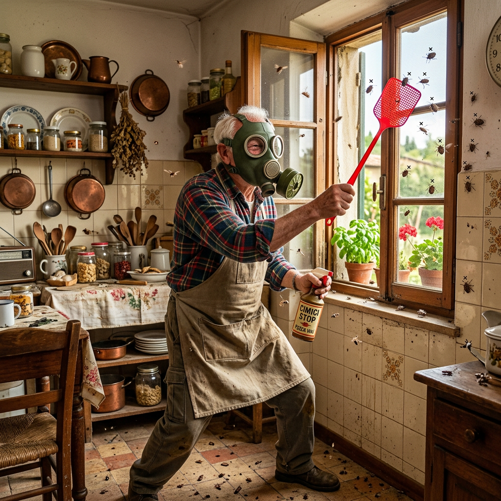 Masked person using a fly swatter and insect spray in a kitchen